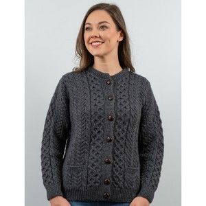 Women's Aran Cable Knit Irish Wool Sweater/Cardigan Size Medium Grey